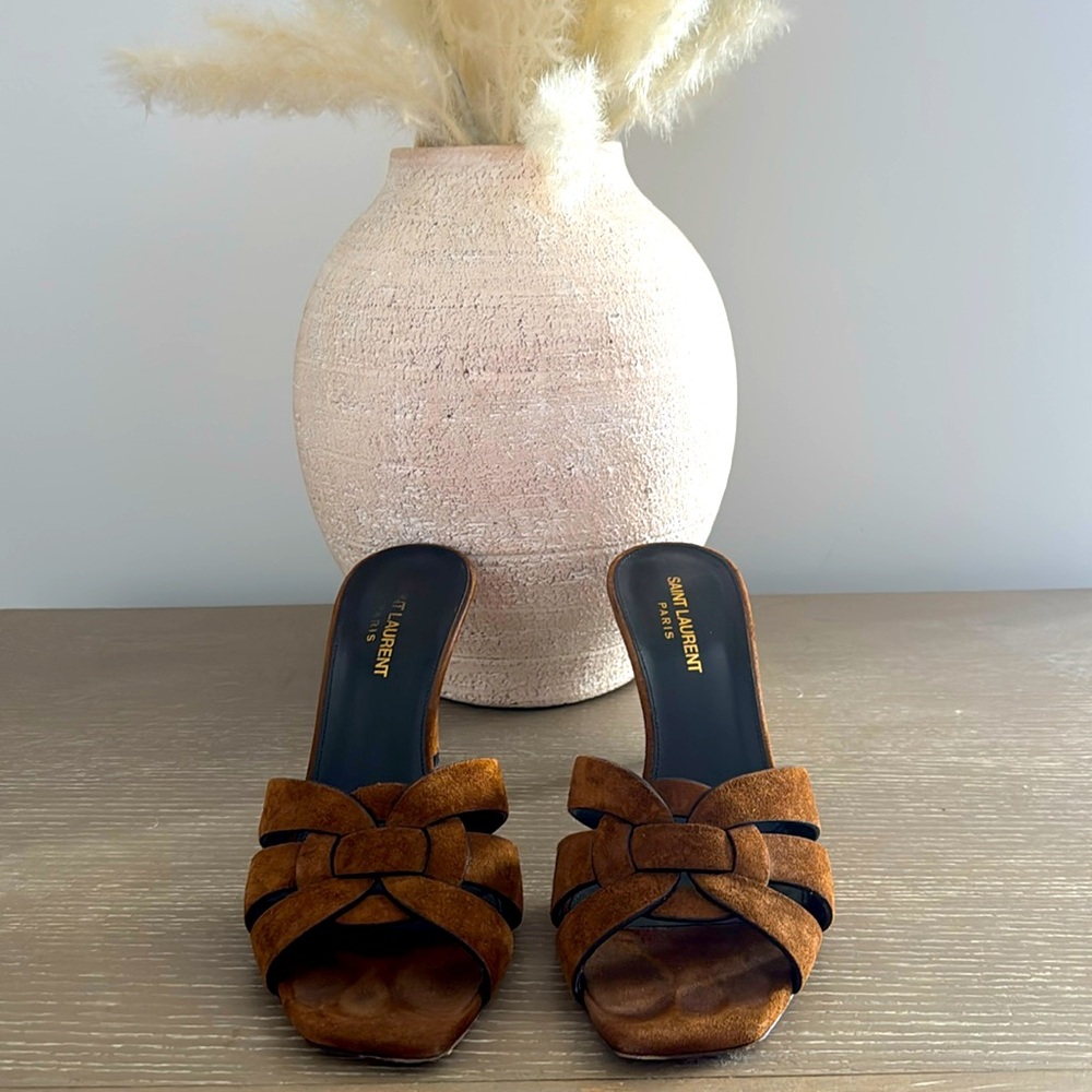Saint Laurent Brown Mules with Woven Detail
